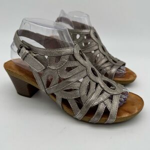 Josef Seibel Ruth Silver Leather Heel Sandals Size 39/US 8-8.5
